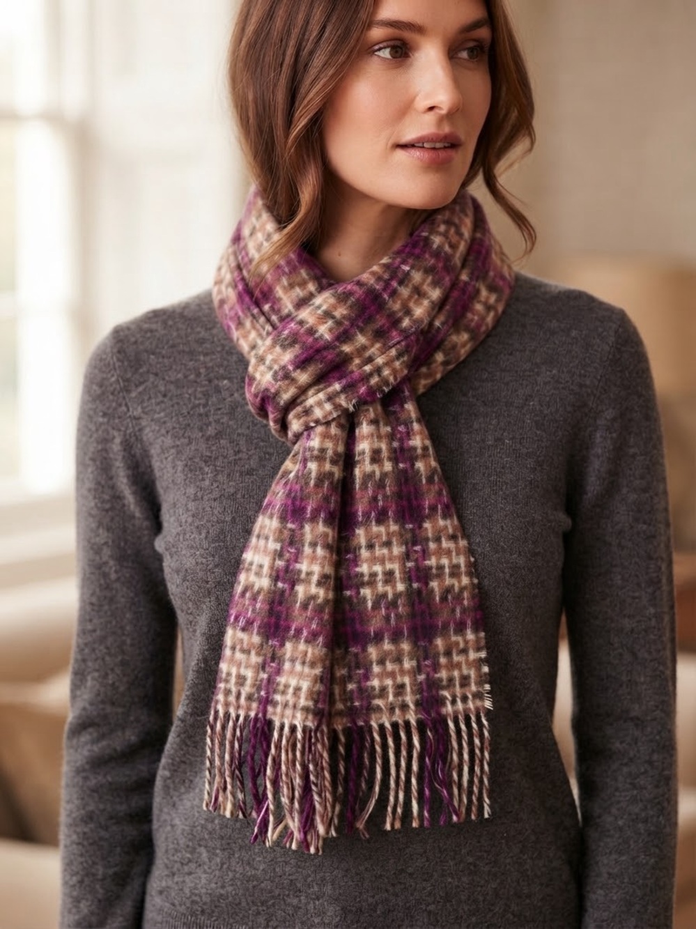 Scottish Cashmere Houndstooth Scarf - Purple/Plum Plaid (62")